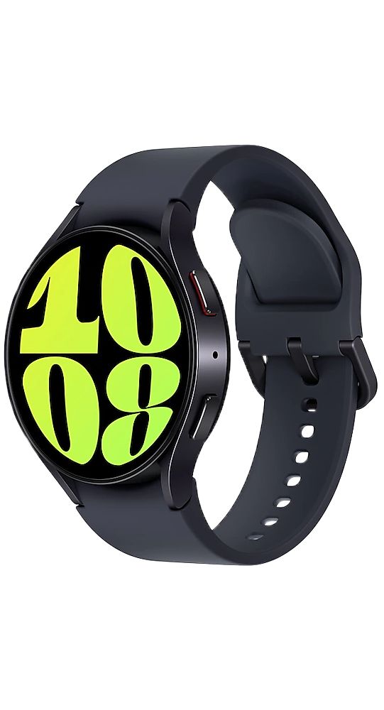 Graphitfarbene Smartwatch mit rundem Zifferblatt. Schwarzes Armband. Zifferblatt mit grünen Ziffern. Roter Knopf an der Seite.