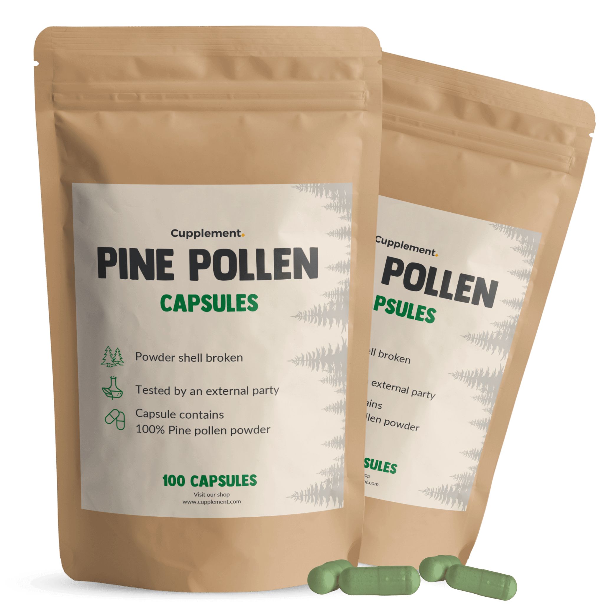 Zwei Beutel mit Kiefernpollen-Kapseln. Grüne Kapseln liegen daneben. Aufschrift: Pine Pollen Capsules, 100 Capsules.