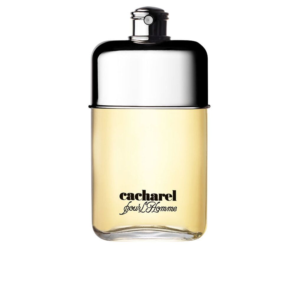 Glasflakon mit silbernem Verschluss. Aufschrift: cacharel pour L'Homme. Flüssigkeit gelb.