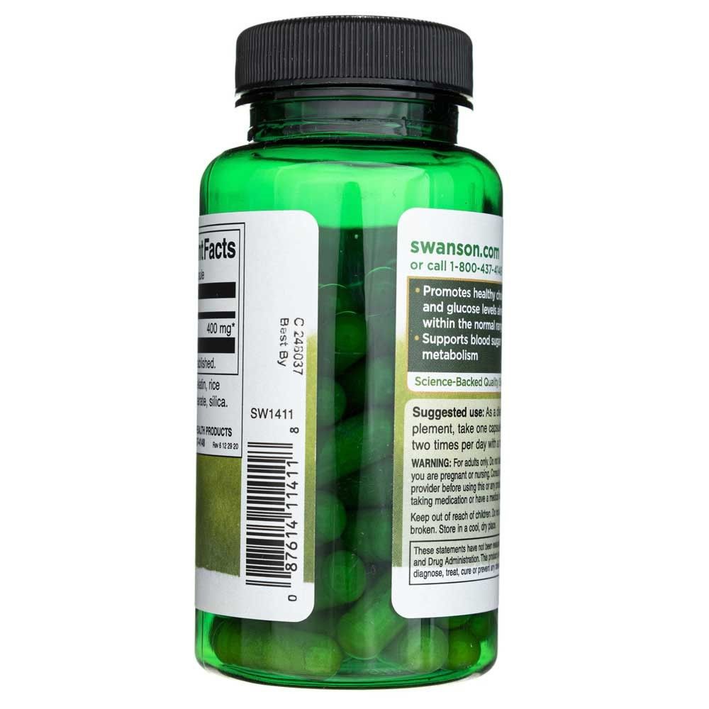 Seitenansicht der Flasche mit Hinweisen zu Swanson.com und Produktvorteilen.