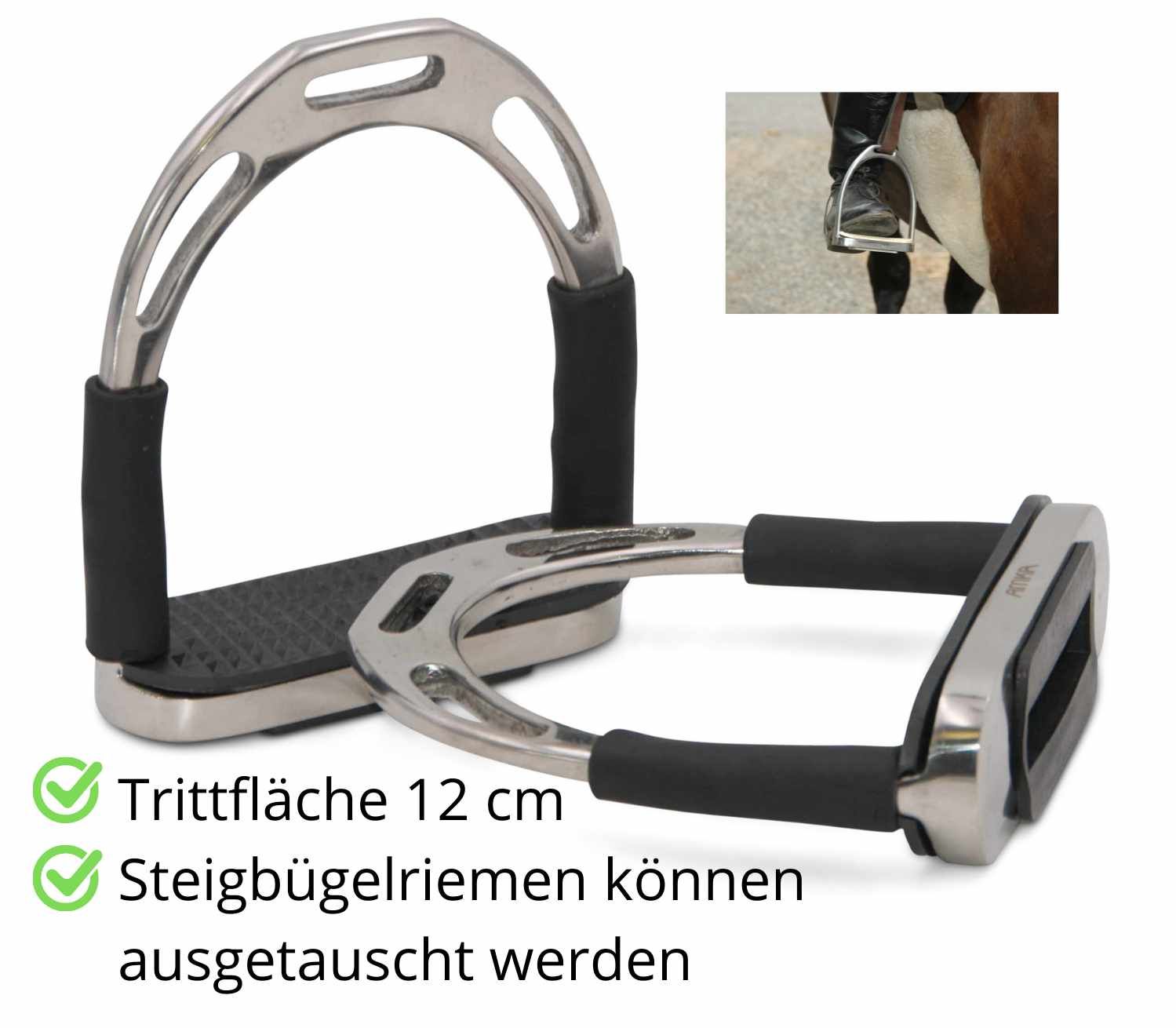 Sicherheitssteigbügel, silberfarben, mit schwarzem Tritt und Gummieinsätzen. Text: Trittfläche 12 cm. Steigbügelriemen austauschbar.