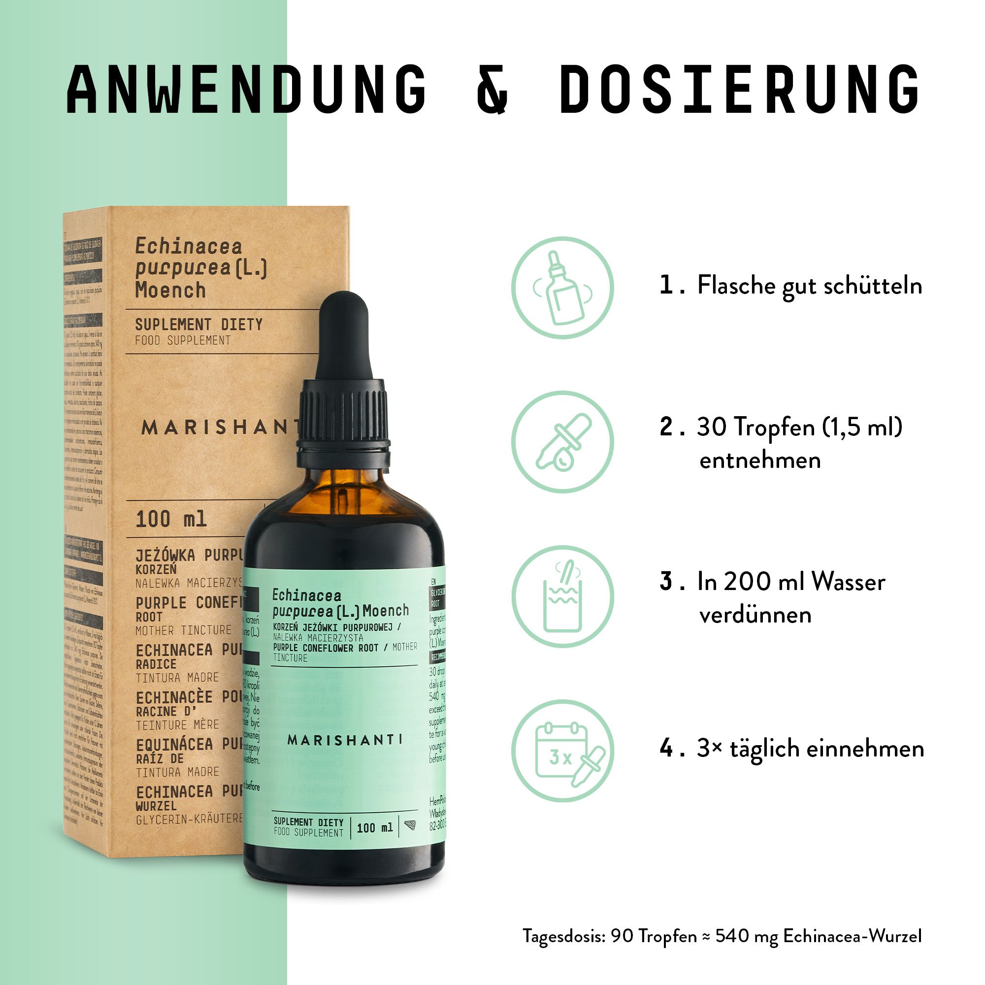 Braune Glasflasche mit Tropfer und Karton. Aufschrift: Marishanti Echinacea Extrakt. Anwendungs- und Dosierungsanleitung.