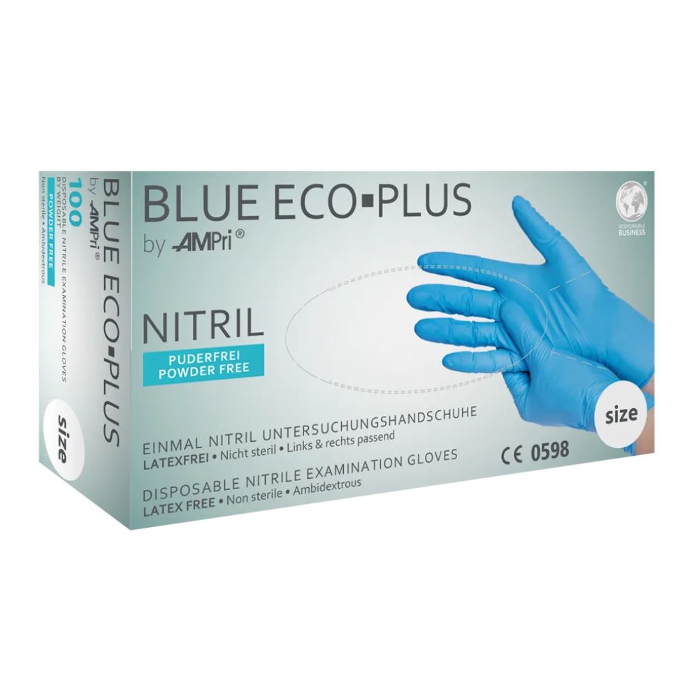 Karton mit blauen Nitril-Untersuchungshandschuhen. Produktname: BLUE ECO-PLUS. Marke: AMPri. Text: Puderfrei, Latexfrei, CE-Kennzeichnung.
