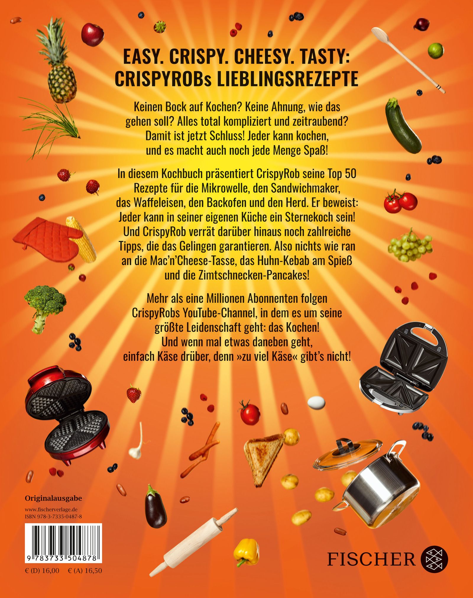 Rückseite des Kochbuchs "CrispyRobs Meine Top 50 Rezepte". Text und Zutaten.