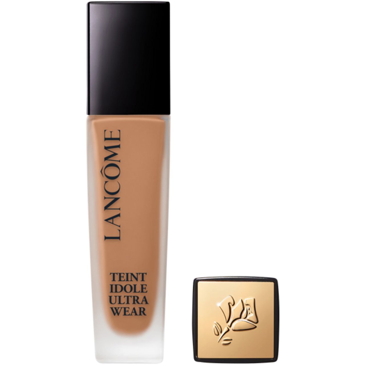 Lancôme Teint Idole Ultra Wear Foundation. Flasche und Deckel. Schwarzer Deckel, goldfarbenes Logo.