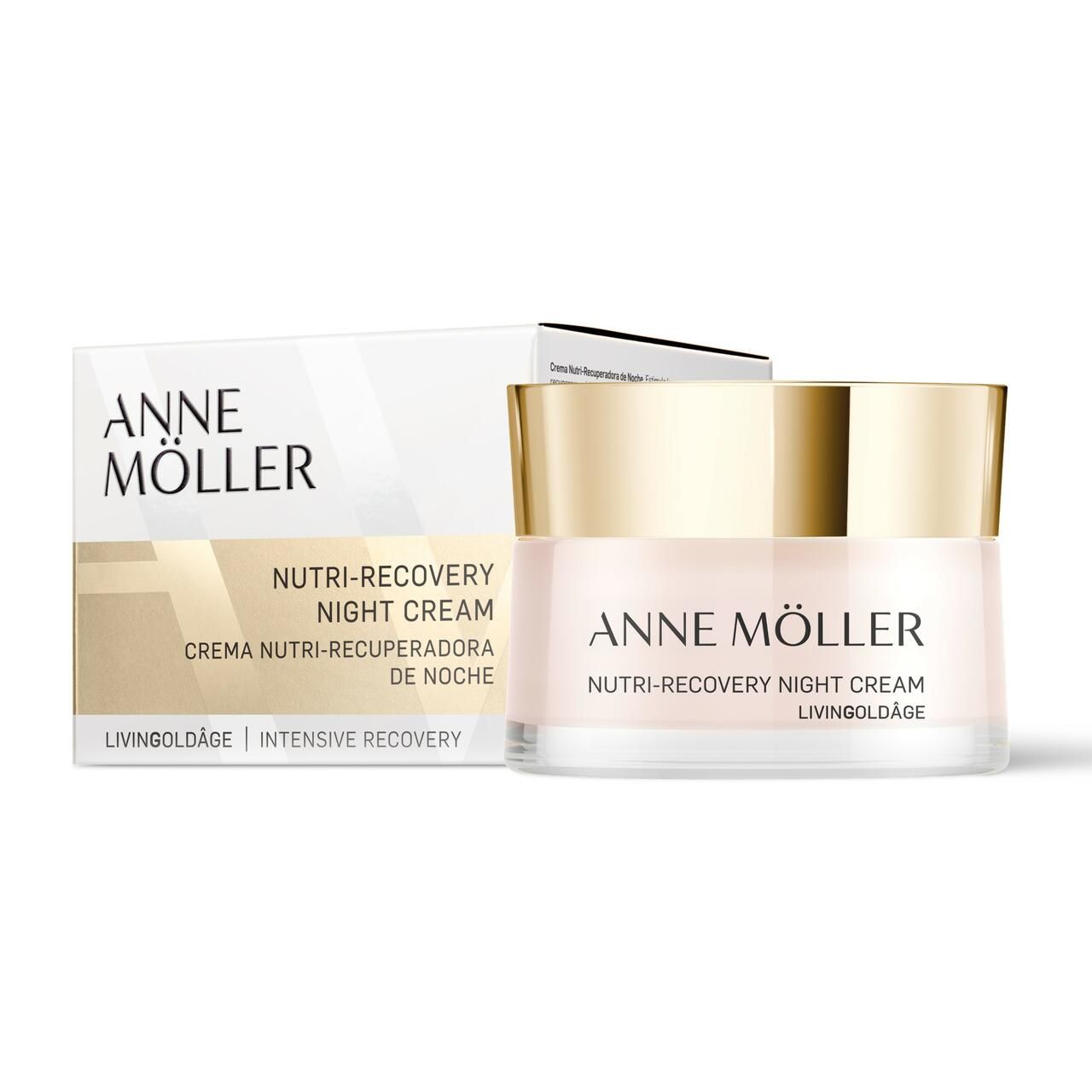 Creme-Tiegel und Verpackung. Aufschrift: Anne Möller, Nutri-Recovery Night Cream, Livingoldâge. Goldfarbener Deckel.