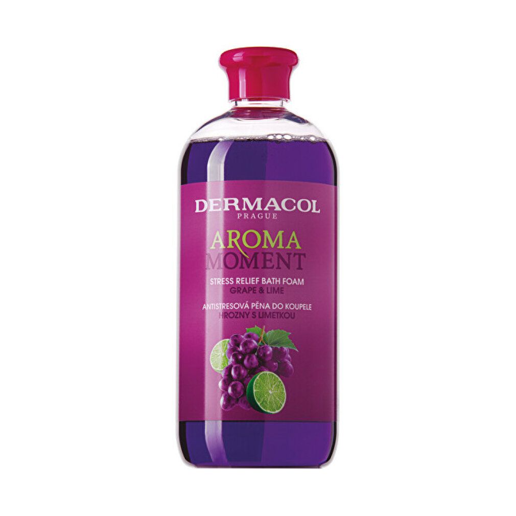 Flasche mit violetter Flüssigkeit. Aufschrift: Dermacol Aroma Moment, Grape & Lime. Abbildung von Trauben und Limette.