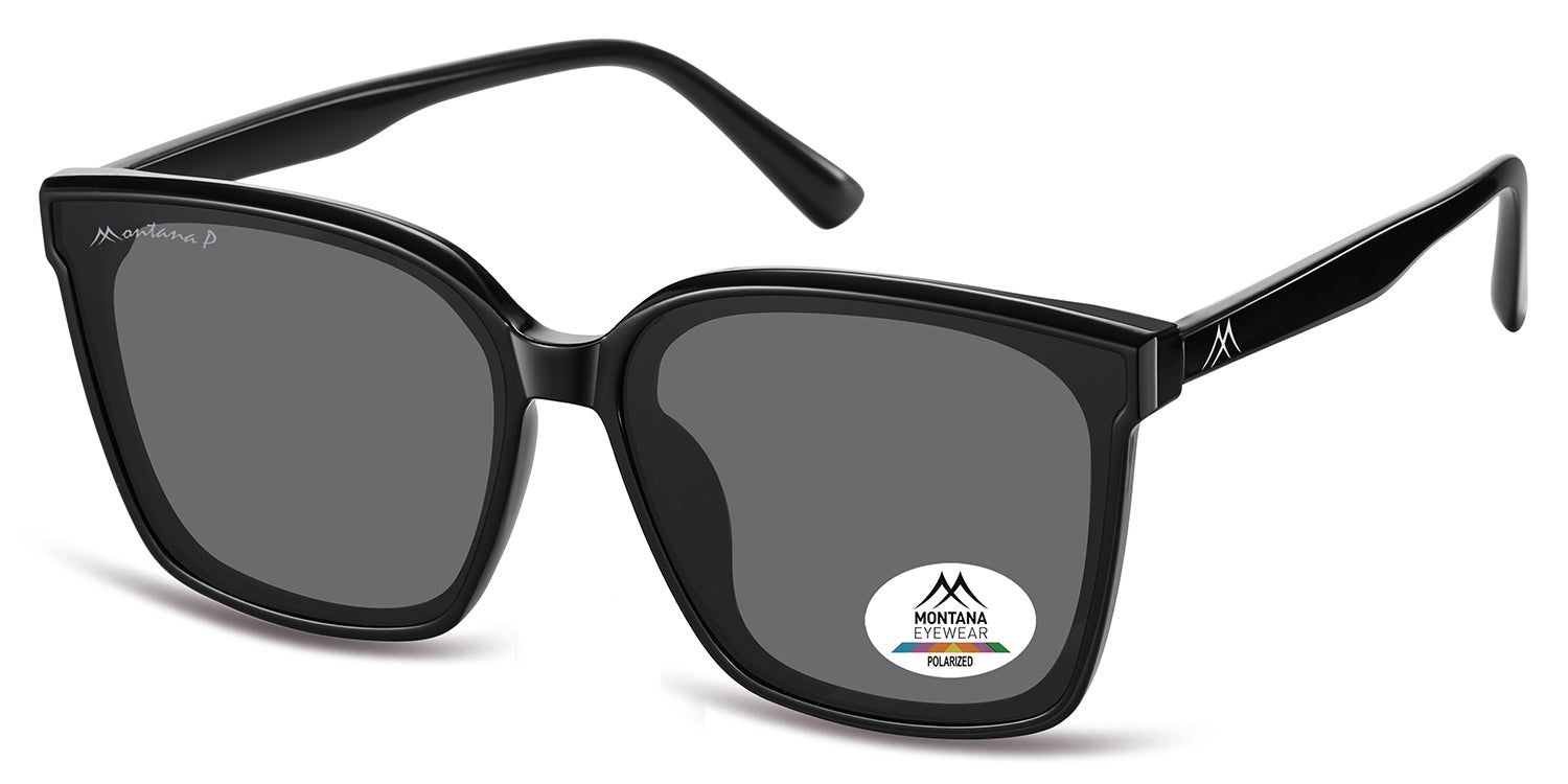 Schwarze Sonnenbrille mit grauen Gläsern. Montana Eyewear Logo auf dem Bügel und Glas. Polarisiert.