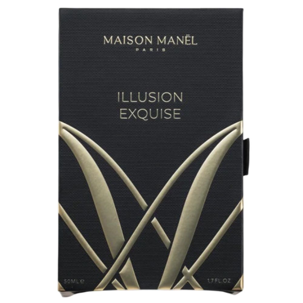Schwarze Verpackung mit goldfarbenem Dekor und Schriftzug. Enthält die Aufschrift "MAISON MANEL PARIS" und "ILLUSION EXQUISE".
