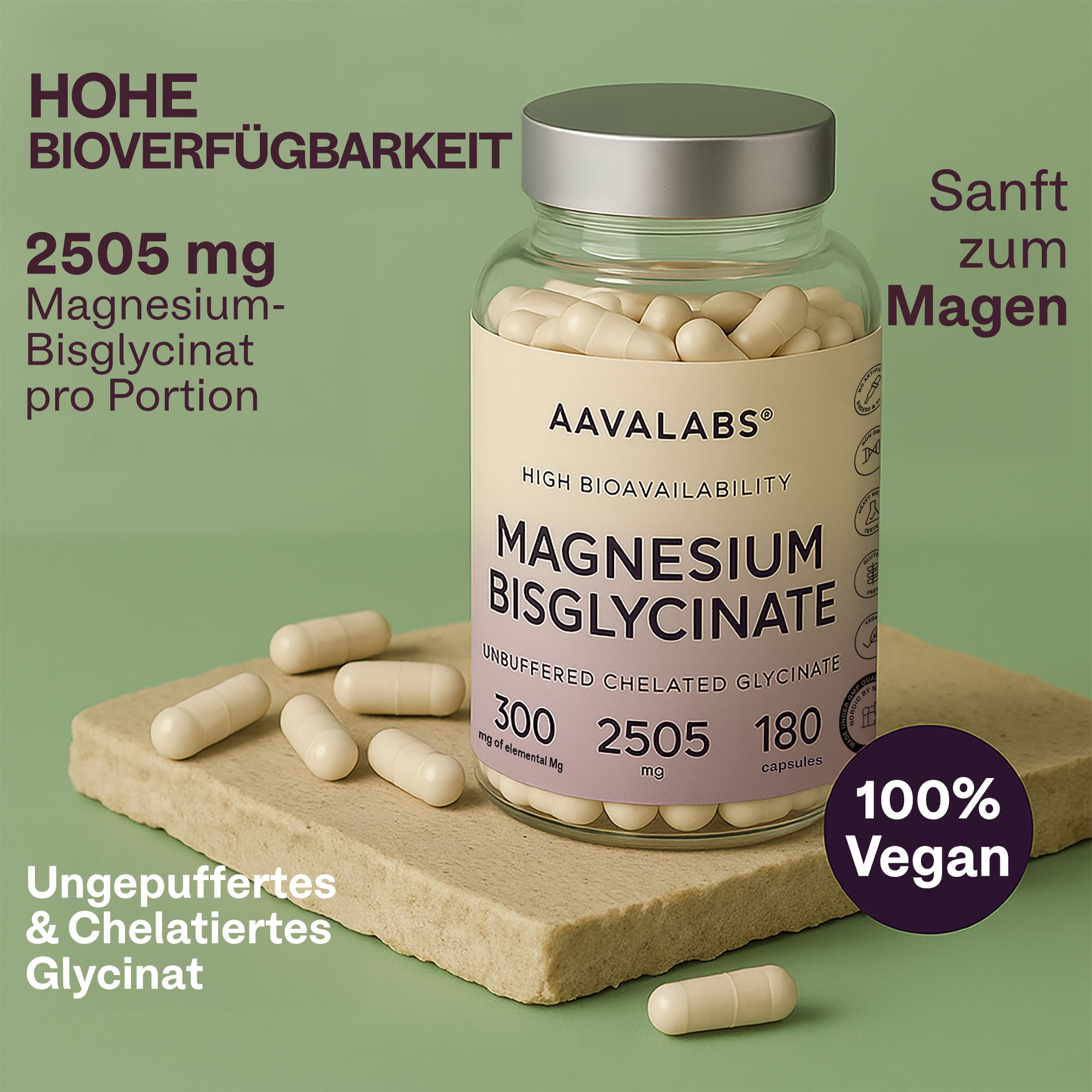 Flasche mit weißen Kapseln und Kapseln daneben. Aufschrift: AAVALABS, Magnesium Bisglycinat. 180 Kapseln.