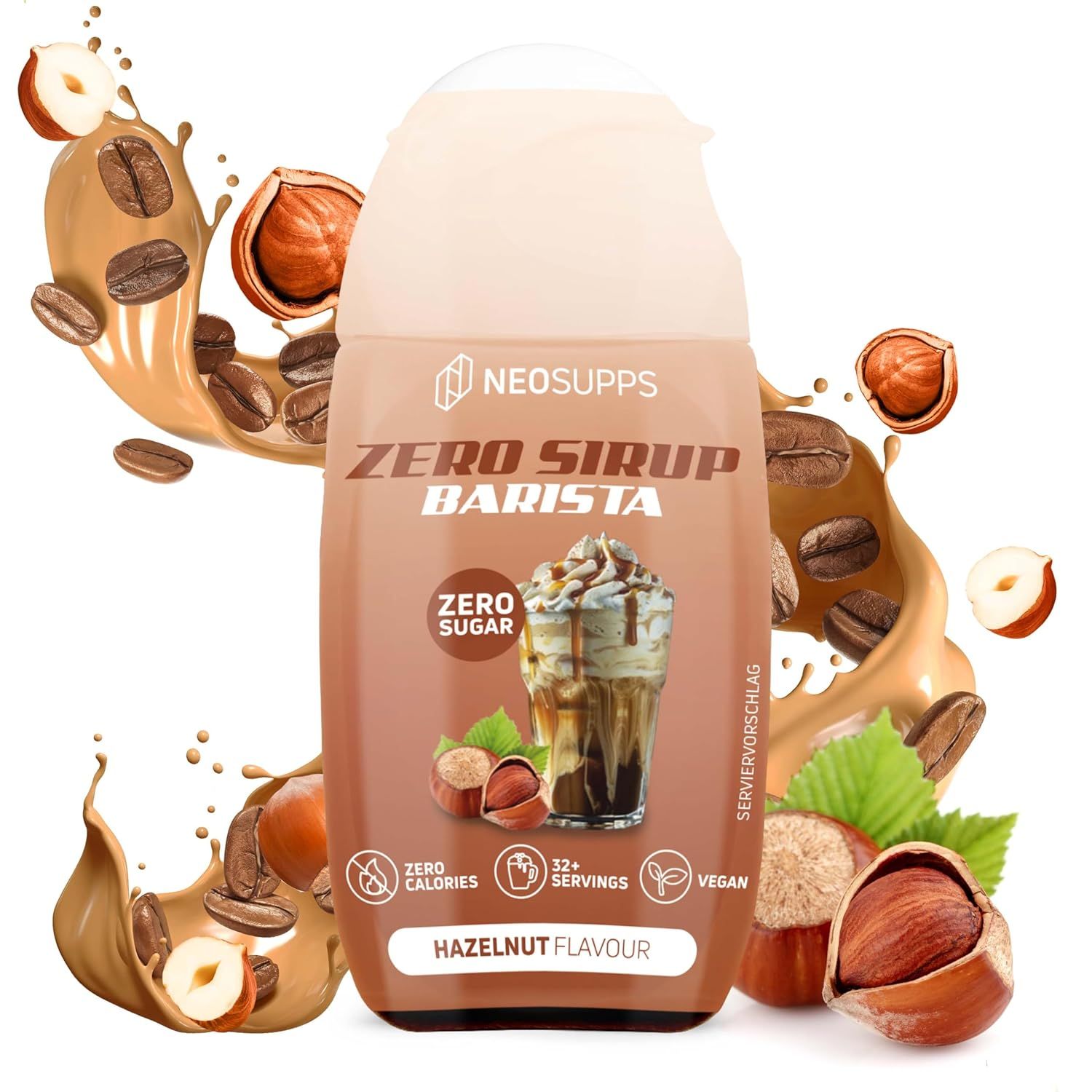 Neosupps Zero Sirup Barista, Hazelnut Flasche. Text: Zero Sugar, 0 Kalorien, 12+ Portionen, Vegan. Haselnüsse und Kaffeebohnen.