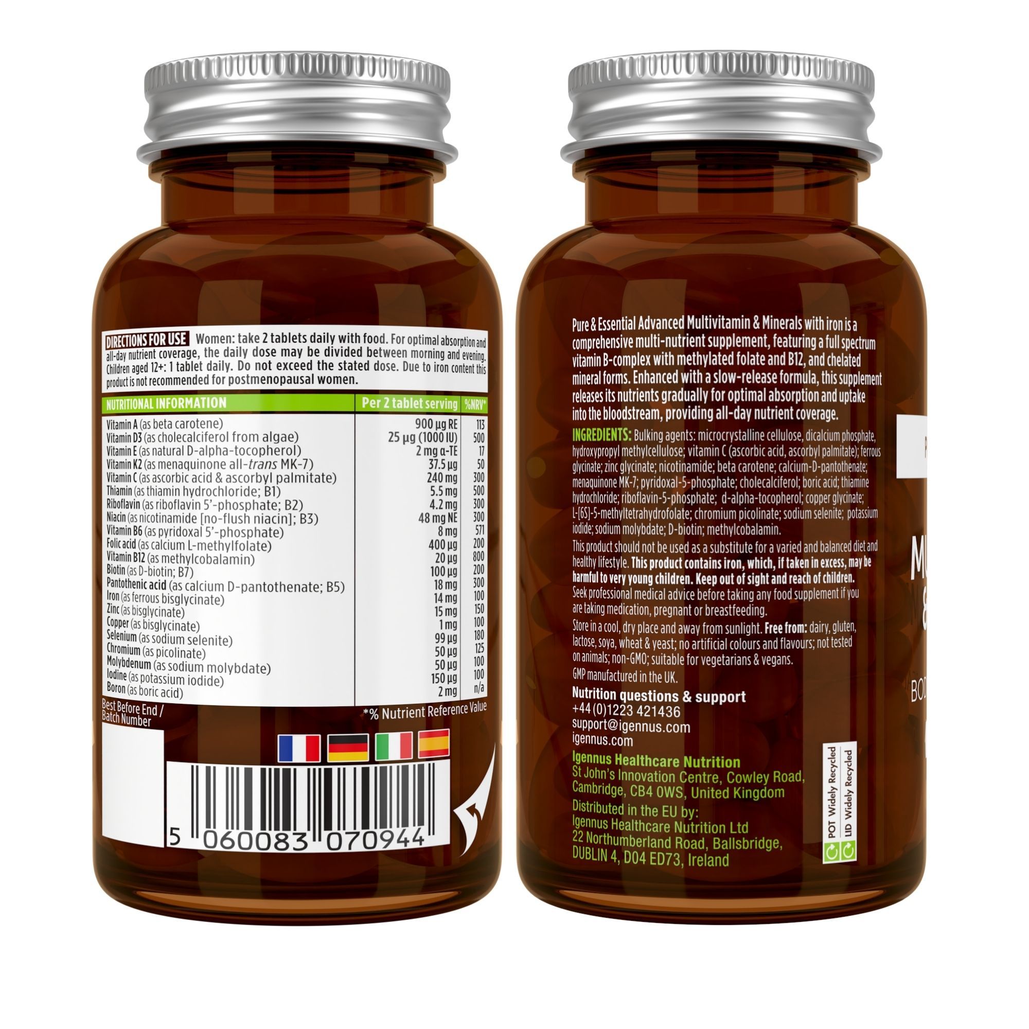 Zwei Seiten einer Flasche mit Etiketten. Nährwertangaben, Inhaltsstoffe, Herstellerinformationen. Produktname: Multivitamin für Frauen.