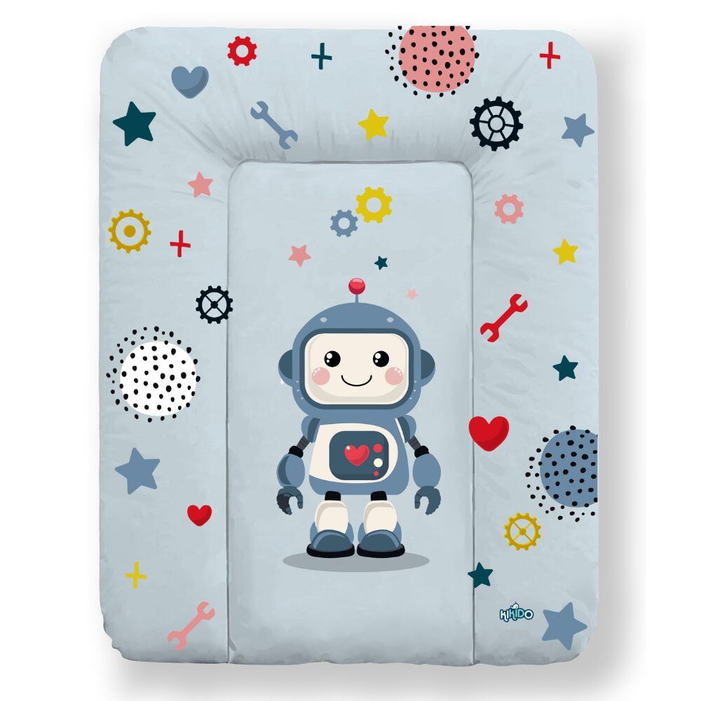 Hellblaues Wickelkissen mit Robotermotiv. Sterne, Herzen und Werkzeuge als Muster. Kikido-Logo.