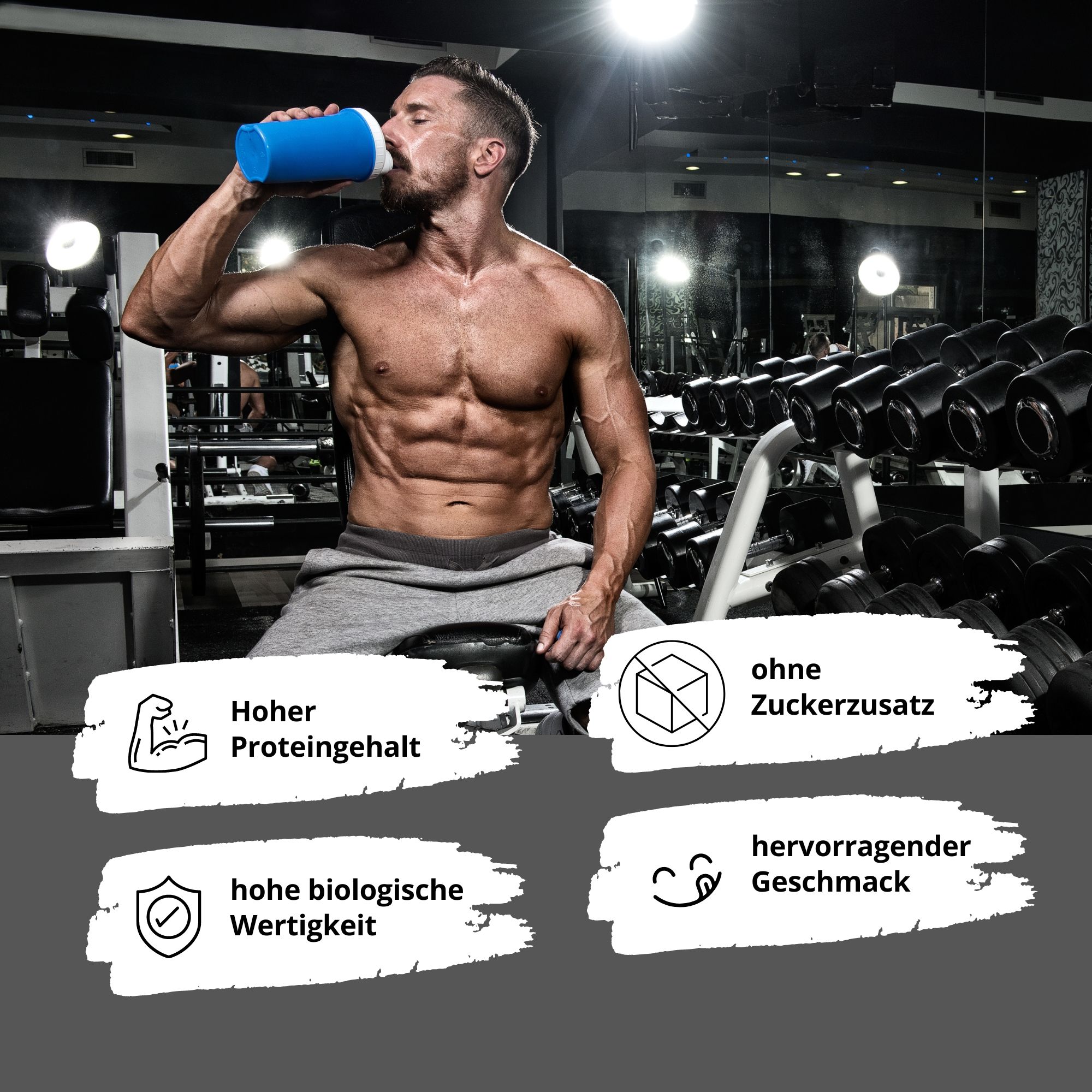 Mann trinkt Proteinshake im Fitnessstudio. Hoher Proteingehalt, ohne Zuckerzusatz, hervorragender Geschmack.
