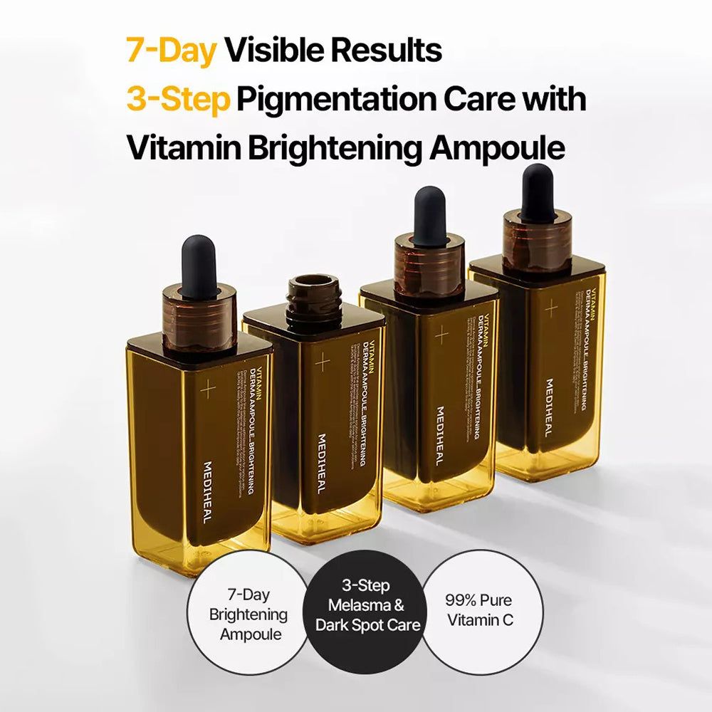 Vier braune Flaschen mit gelben Rändern und schwarzen Tropfern. Aufschrift: Vitamin Derma Ampoule Brightening, MEDIHEAL. Text: 7-Tage-Ergebnisse.