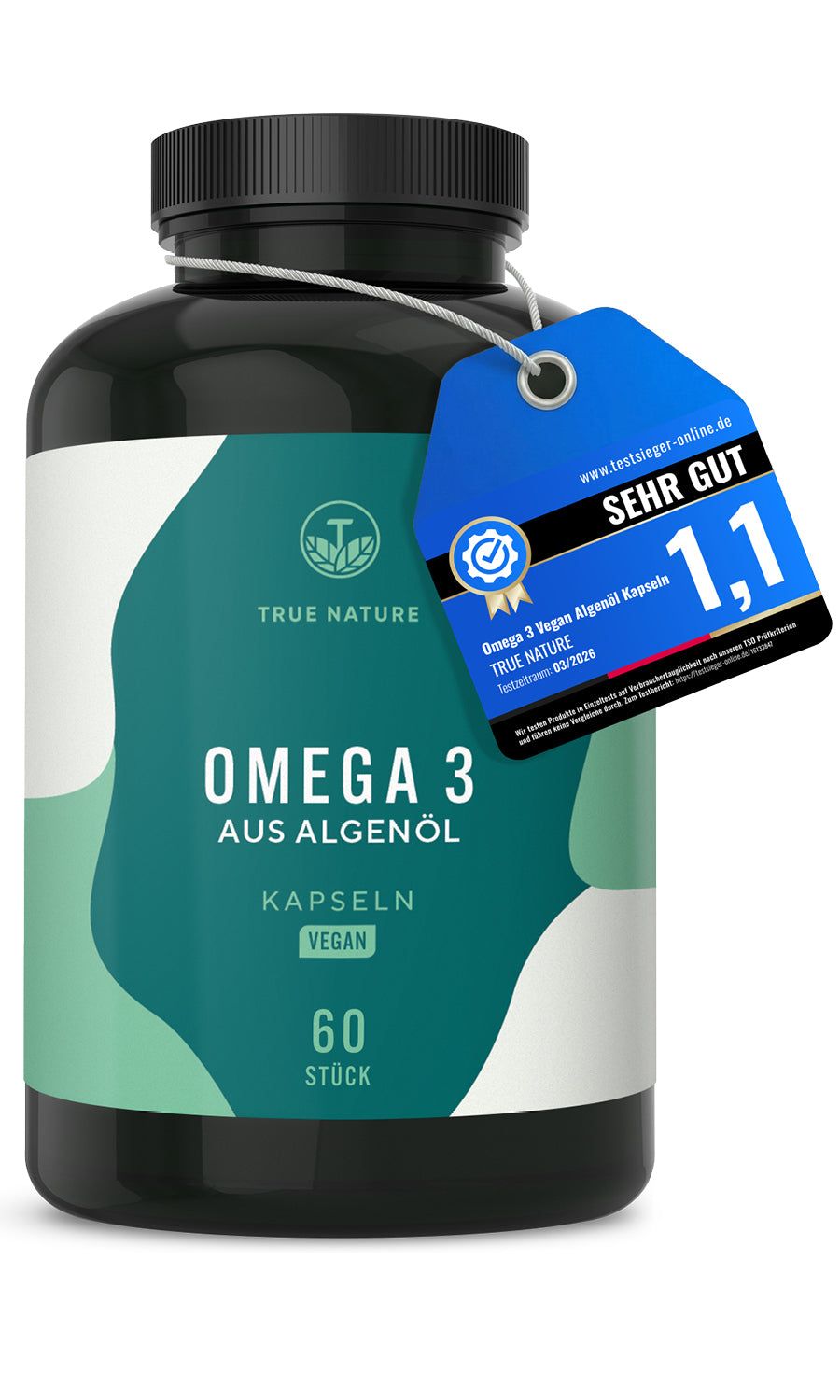 Schwarze Flasche mit grüner Etikettierung. Aufschrift: OMEGA 3 AUS ALGENÖL, Kapseln, Vegan, 60 Stück. Anhänger mit Bewertung.