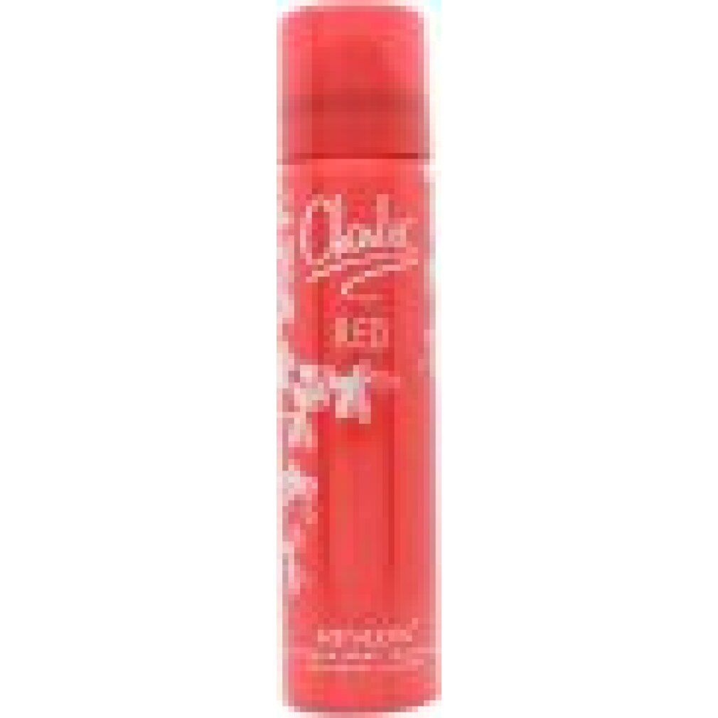 Rote Body Spray Dose mit weißem 'Charlie Red' Schriftzug und floralem Muster. Revlon-Logo.