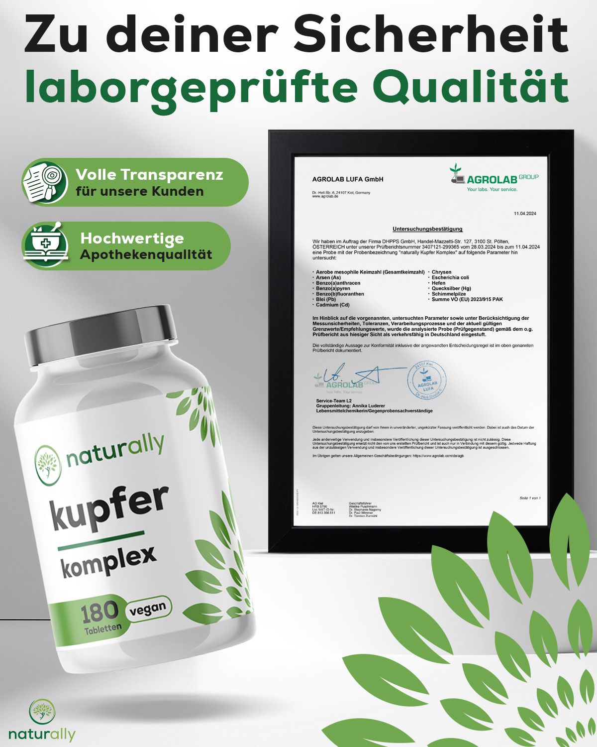 Weißes Tabletten-Glas mit Etikett: naturally Kupfer Komplex, 180 vegane Tabletten. Zertifikat von AGROLAB LUFA GmbH.