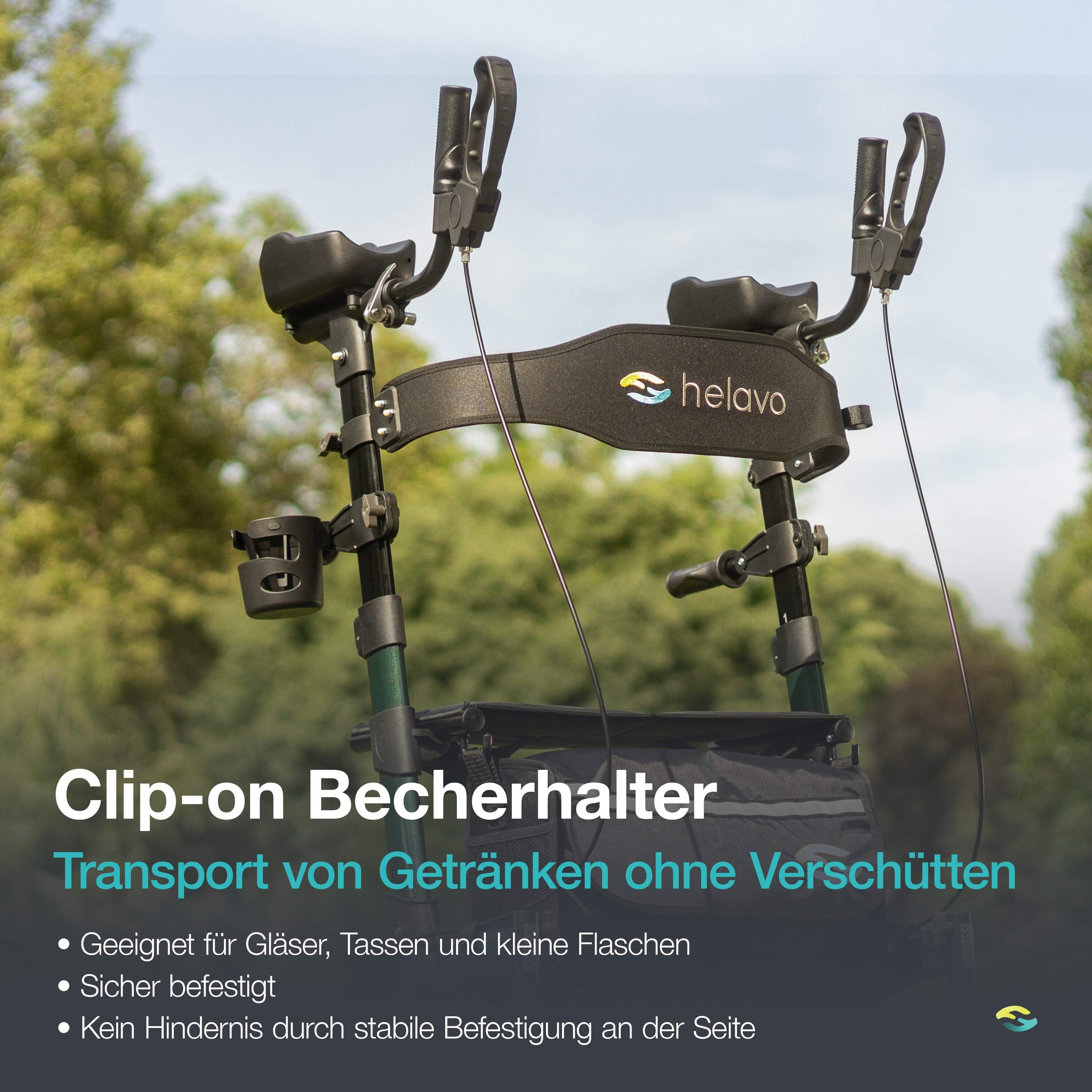 Grüner Rollator mit abnehmbarem Becherhalter für Getränke.