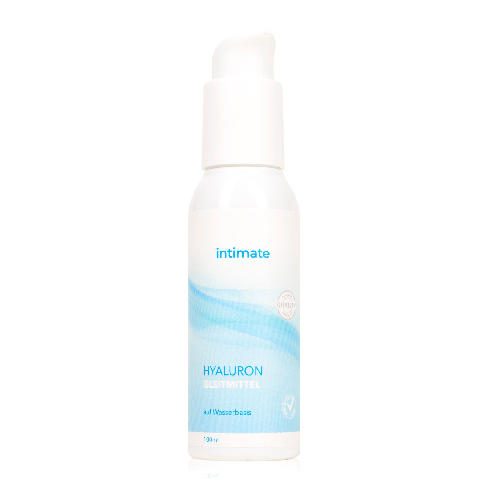 Weiße Flasche mit Pumpspender, "intimate HYALURON GLEITMITTEL" Aufschrift.