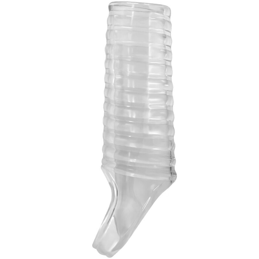 Transparente Penishülse mit geriffelter Oberfläche und gebogener Basis.