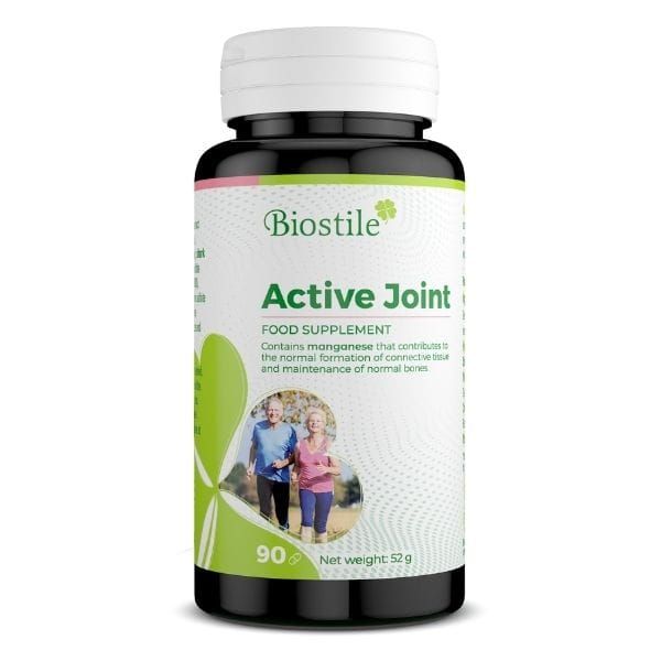 Dunkle Flasche mit weißen Kapseln. Aufschrift: Biostile Active Joint. 90 Kapseln. Food Supplement.