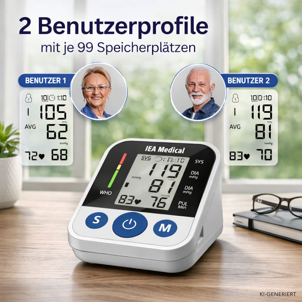 Blutdruckmessgerät mit zwei Benutzerprofilen und je 99 Speicherplätzen.