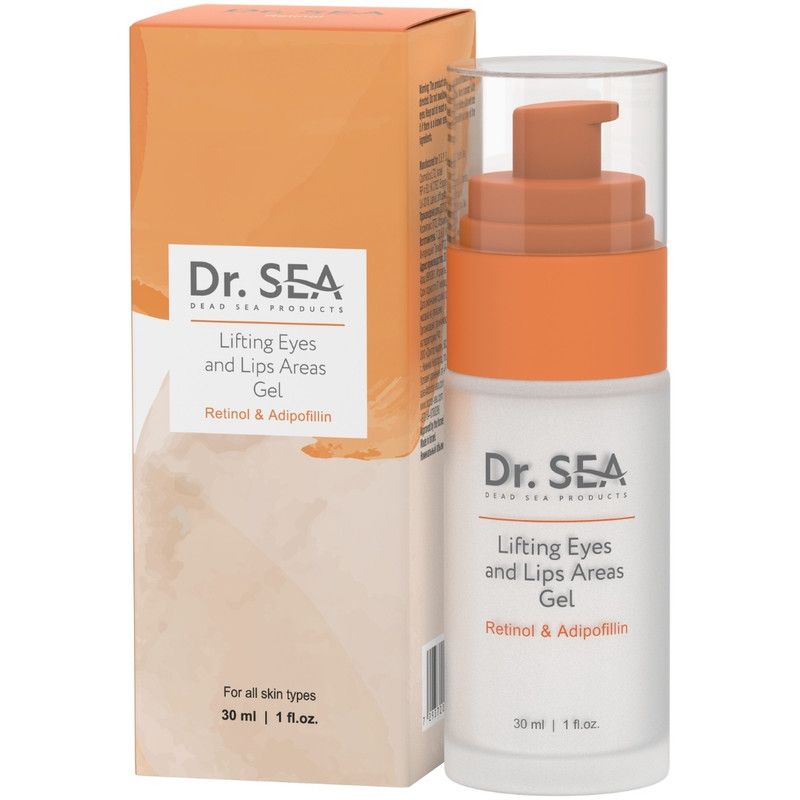 Gel für Augen- & Lippenkonturen. Flasche mit orangefarbenem Pumpkopf und Karton. Schriftzug: Dr. SEA, Lifting Eyes and Lips Areas Gel.