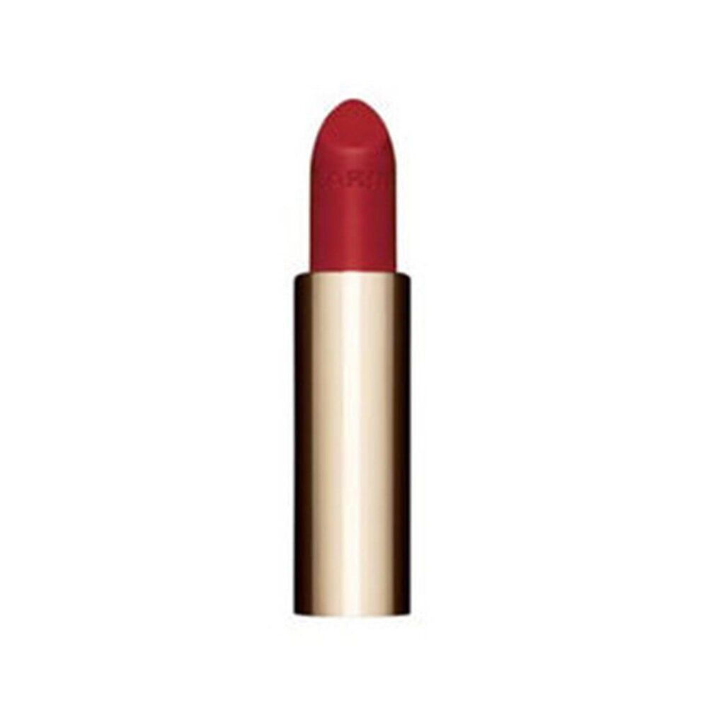 Roter Lippenstift in goldener Hülse. Sichtbar ist die Lippenstiftspitze. Auf dem Lippenstift ist ein Schriftzug zu sehen.