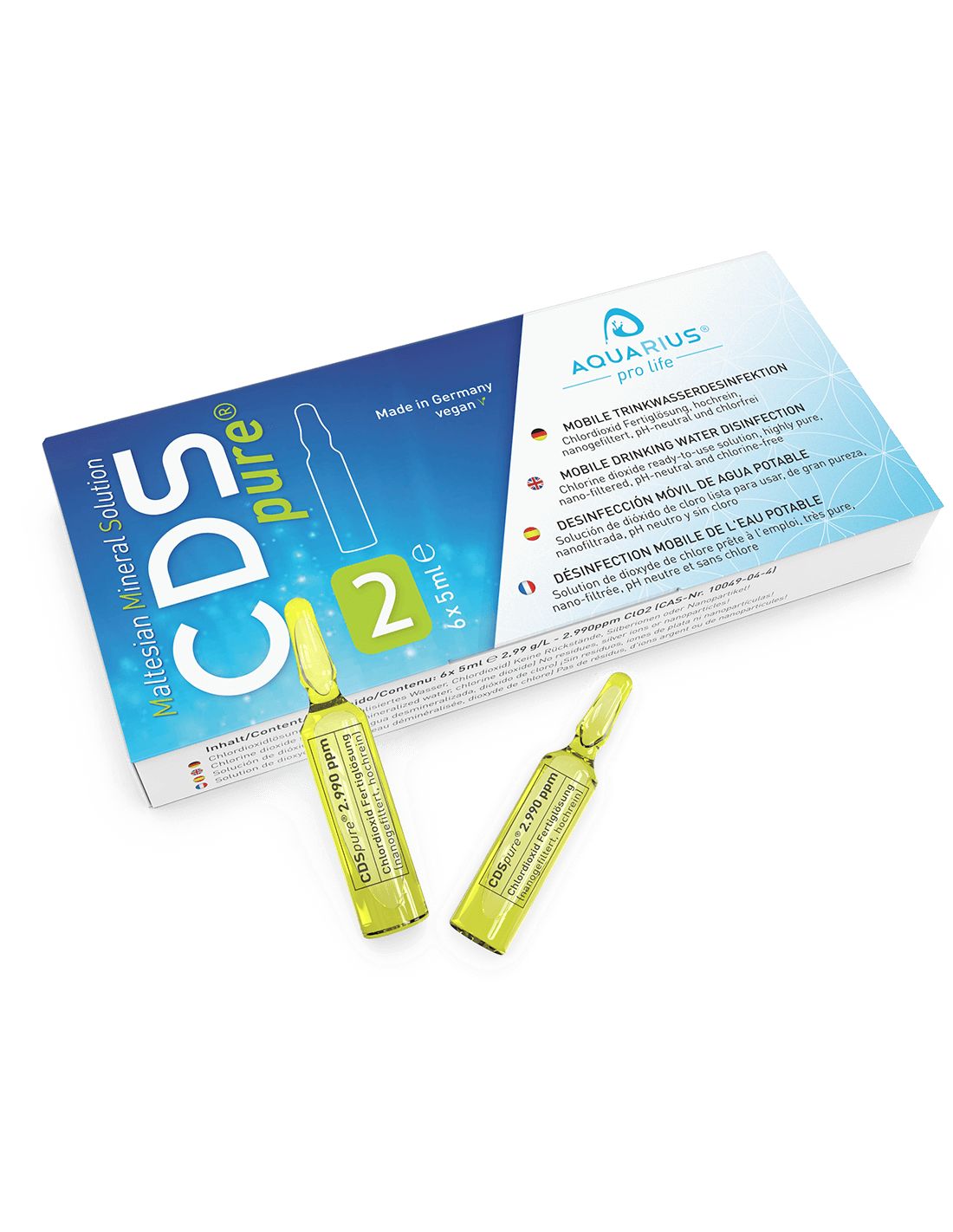 Packung mit 6 Ampullen CDS pure. Zwei Ampullen liegen daneben. Aufschrift: AQUARIUS pro life, CDS pure.
