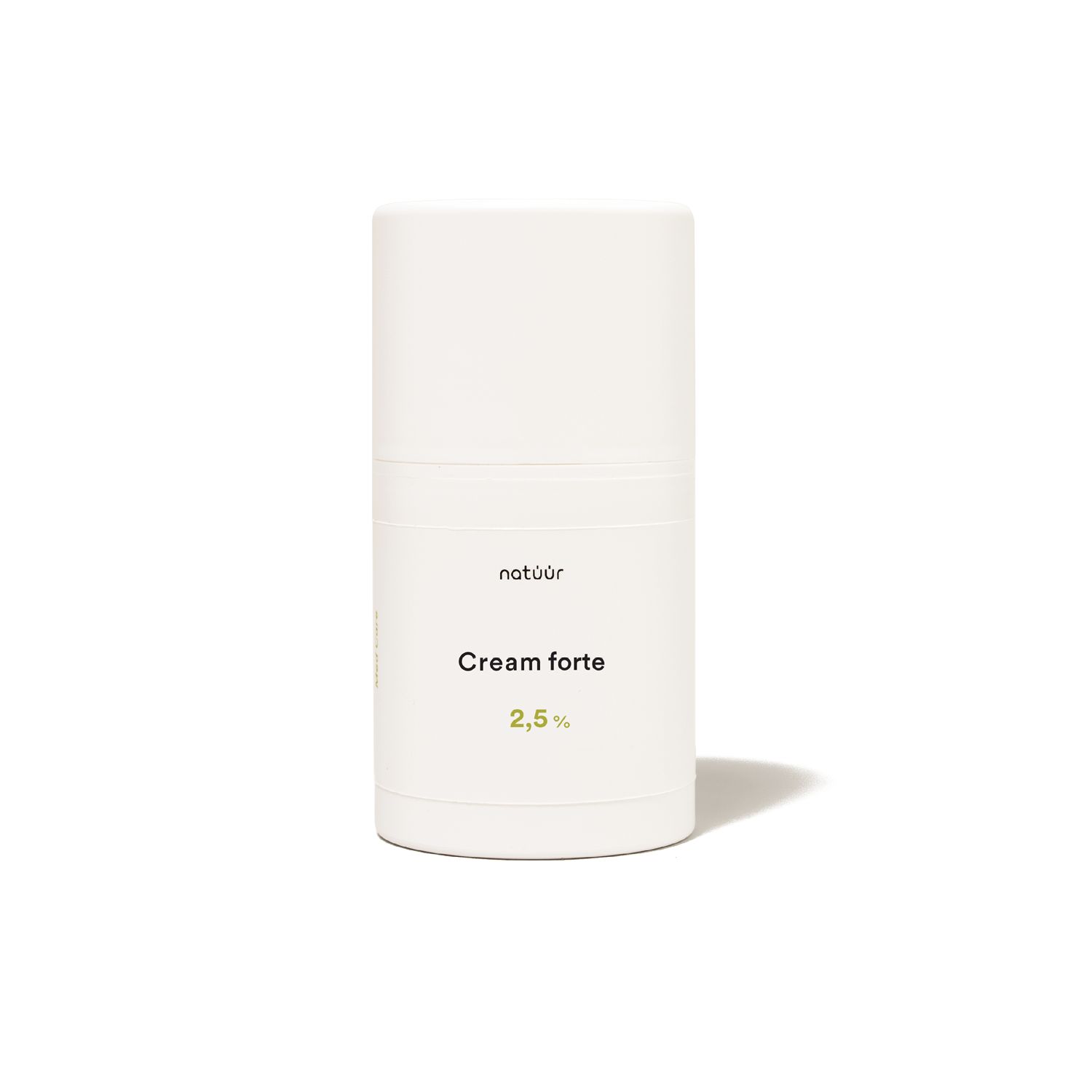 Zylindrische, weiße Tube mit schwarzer Schrift. Beschriftung: natüür, Cream forte, 2,5%.