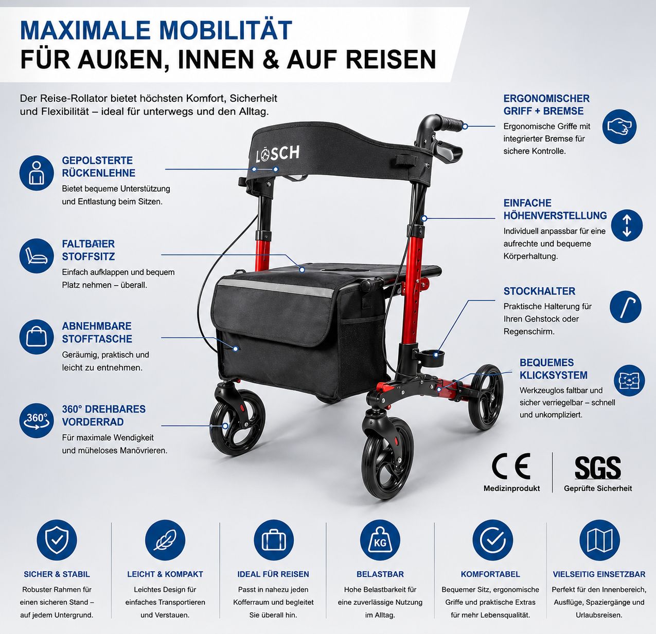 Rollator mit rotem Rahmen, schwarzem Sitz und Tasche. Ergonomische Griffe, höhenverstellbar. Mit CE-Kennzeichnung und SGS-Zertifizierung.