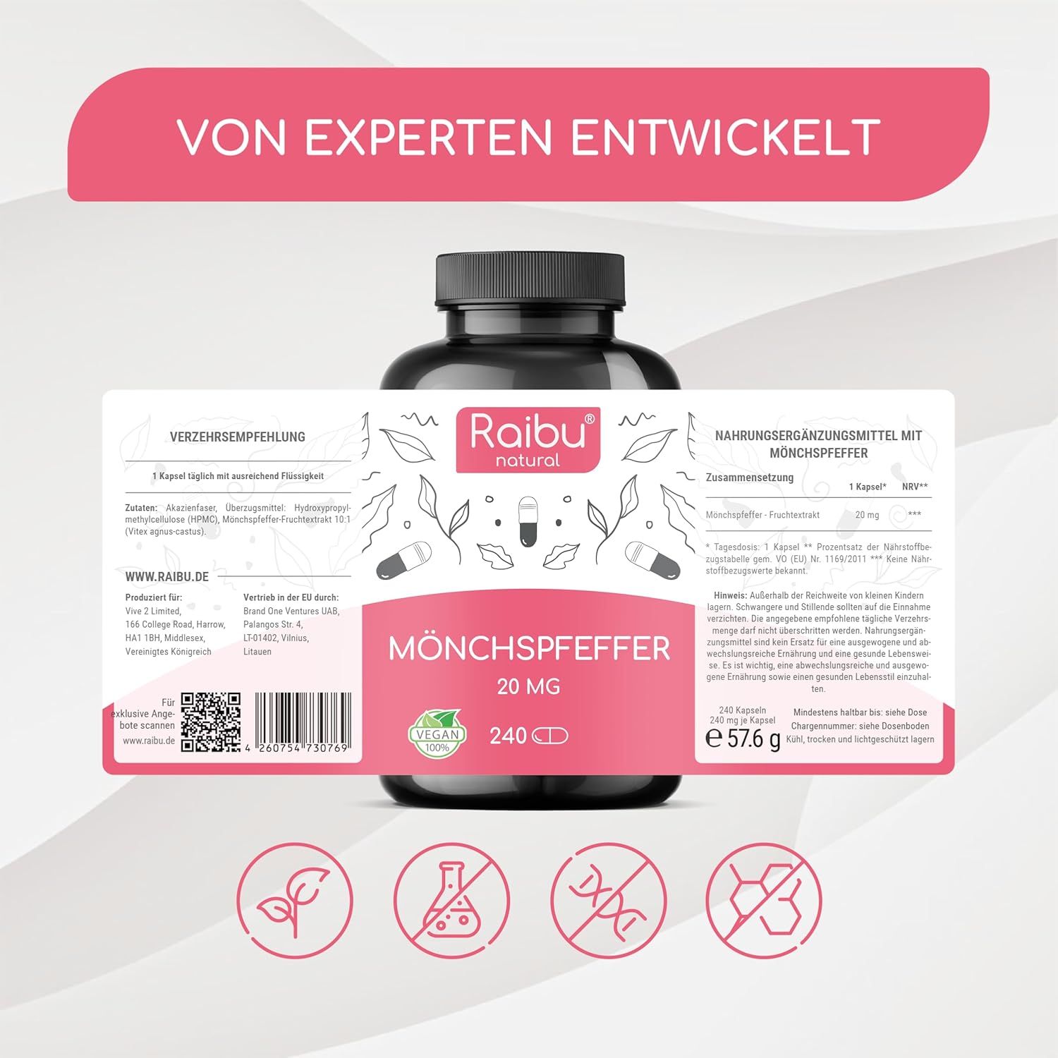 Schwarze Flasche mit Etikett. Text: Raibu natural, Mönchspfeffer 20 mg, 240 Kapseln. Vegan-Siegel. Text: Von Experten entwickelt. Produktinformationen.