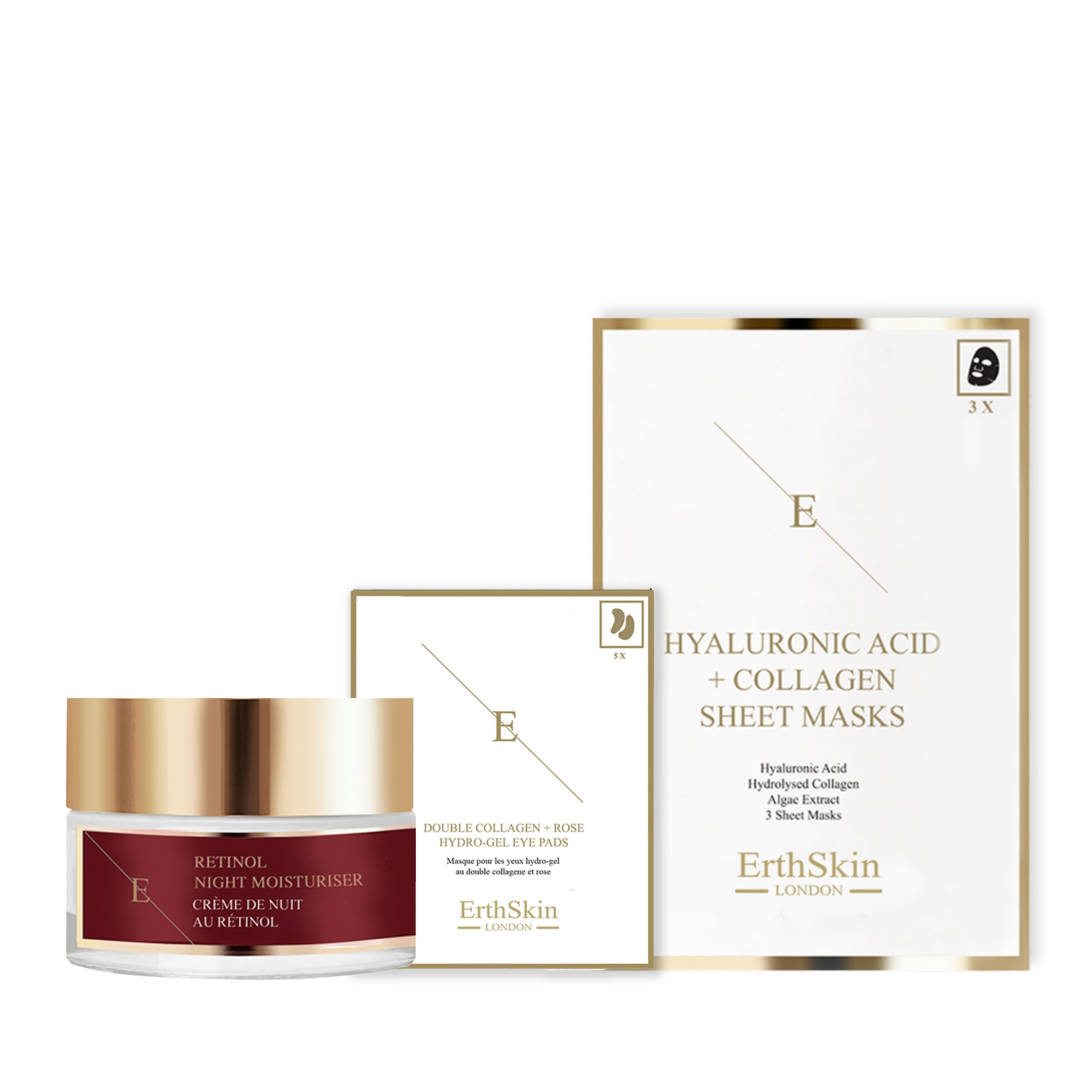 Creme-Tiegel, Augenpads und Maskenpackung. Aufschrift: ErthSkin London, Retinol Nachtfeuchtigkeitscreme, Hyaluronsäure + Kollagen Sheet Masks.