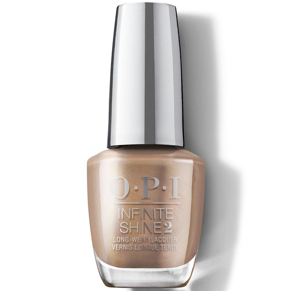 OPI Nagellack Infinite Shine 2. Beige-goldener Farbton. Silberner Deckel. Aufschrift.