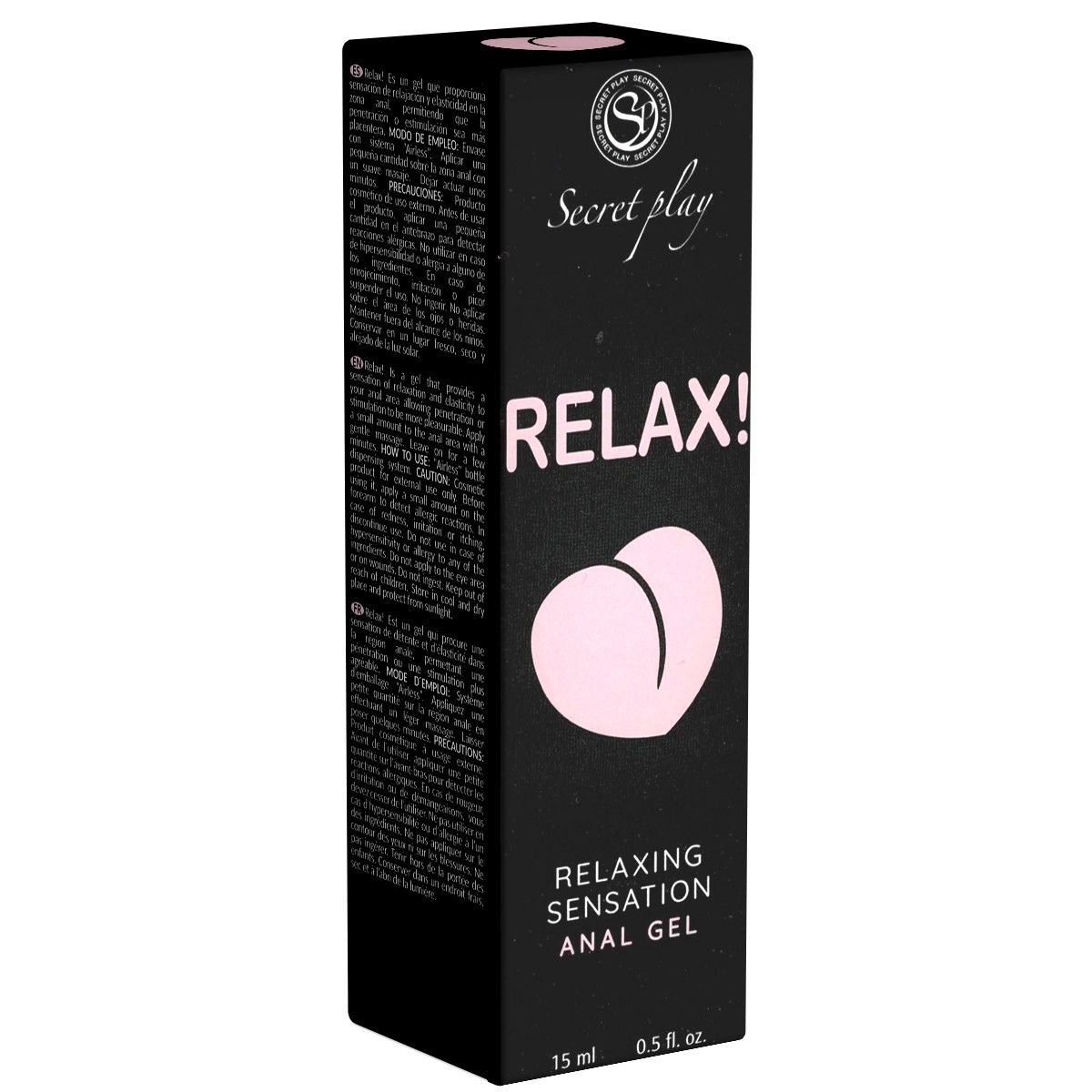 Schwarze Verpackung mit Aufschrift "Secret Play Relax!" und "Relaxing Sensation Anal Gel". Rosa Grafik eines Pos.