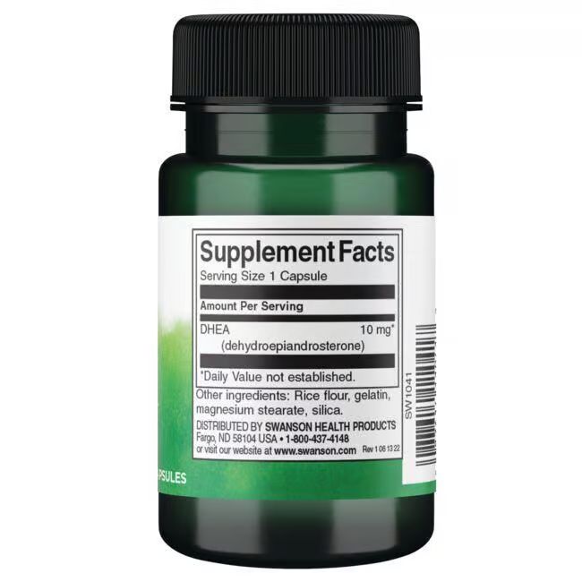 Rückseite einer grünen Flasche mit schwarzem Deckel. Etikett mit "Supplement Facts" und Inhaltsangaben.