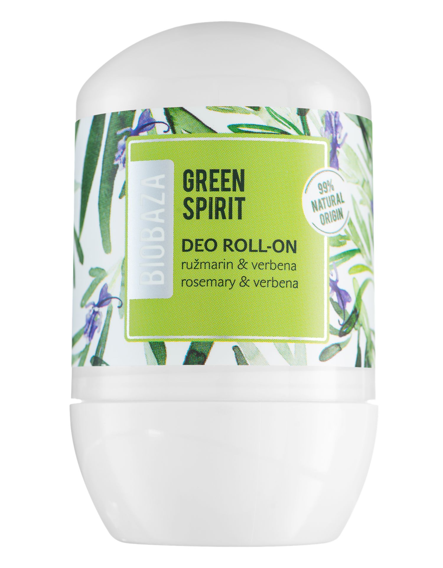 Weißer Roll-On-Deo-Flakon. Aufschrift: Green Spirit, Deo Roll-On, 99% Natural Origin. Mit floralem Muster und Biobaza-Logo.