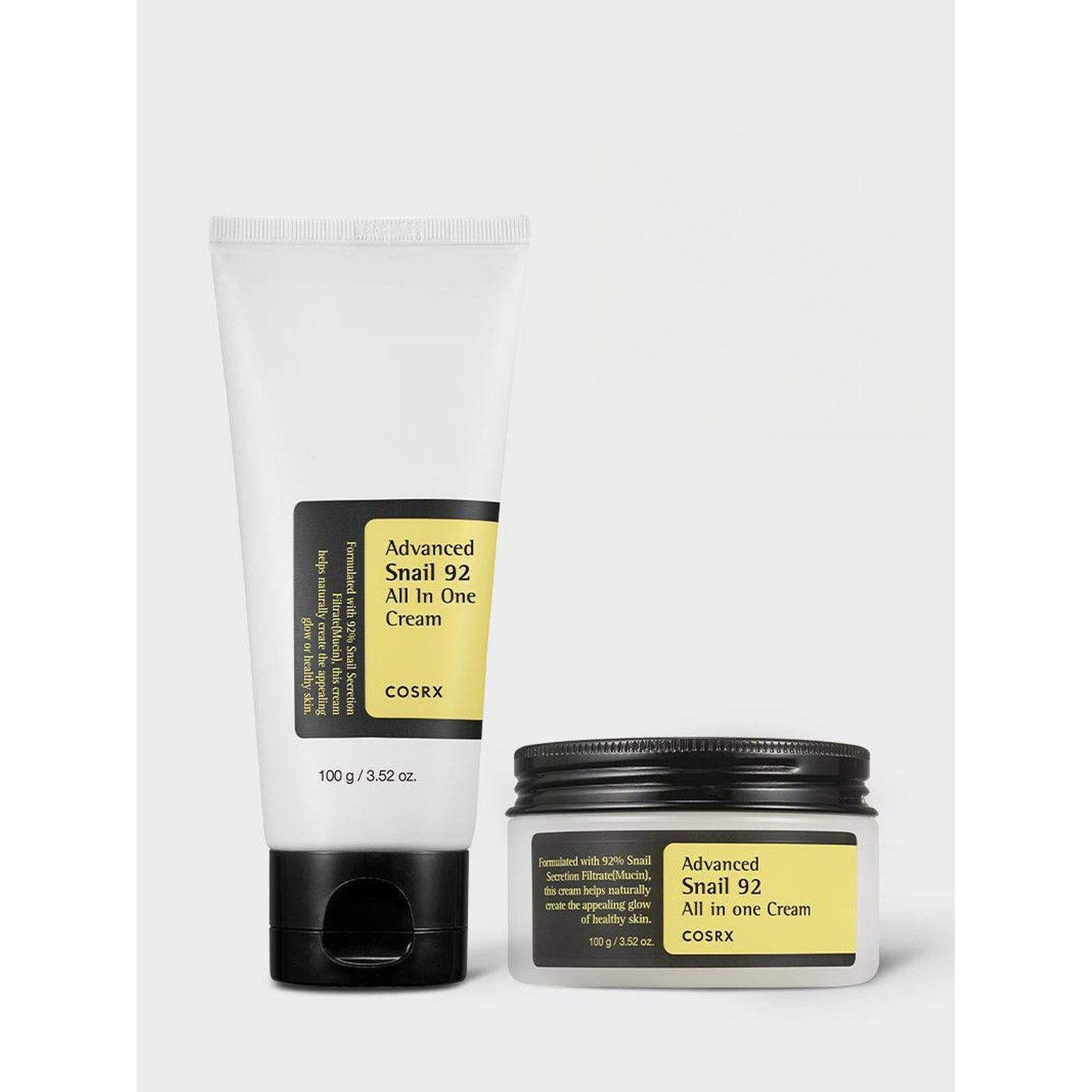 Weiße Tube mit schwarzem Deckel, enthält COSRX Advanced Snail 92 All In One Cream, 100g.