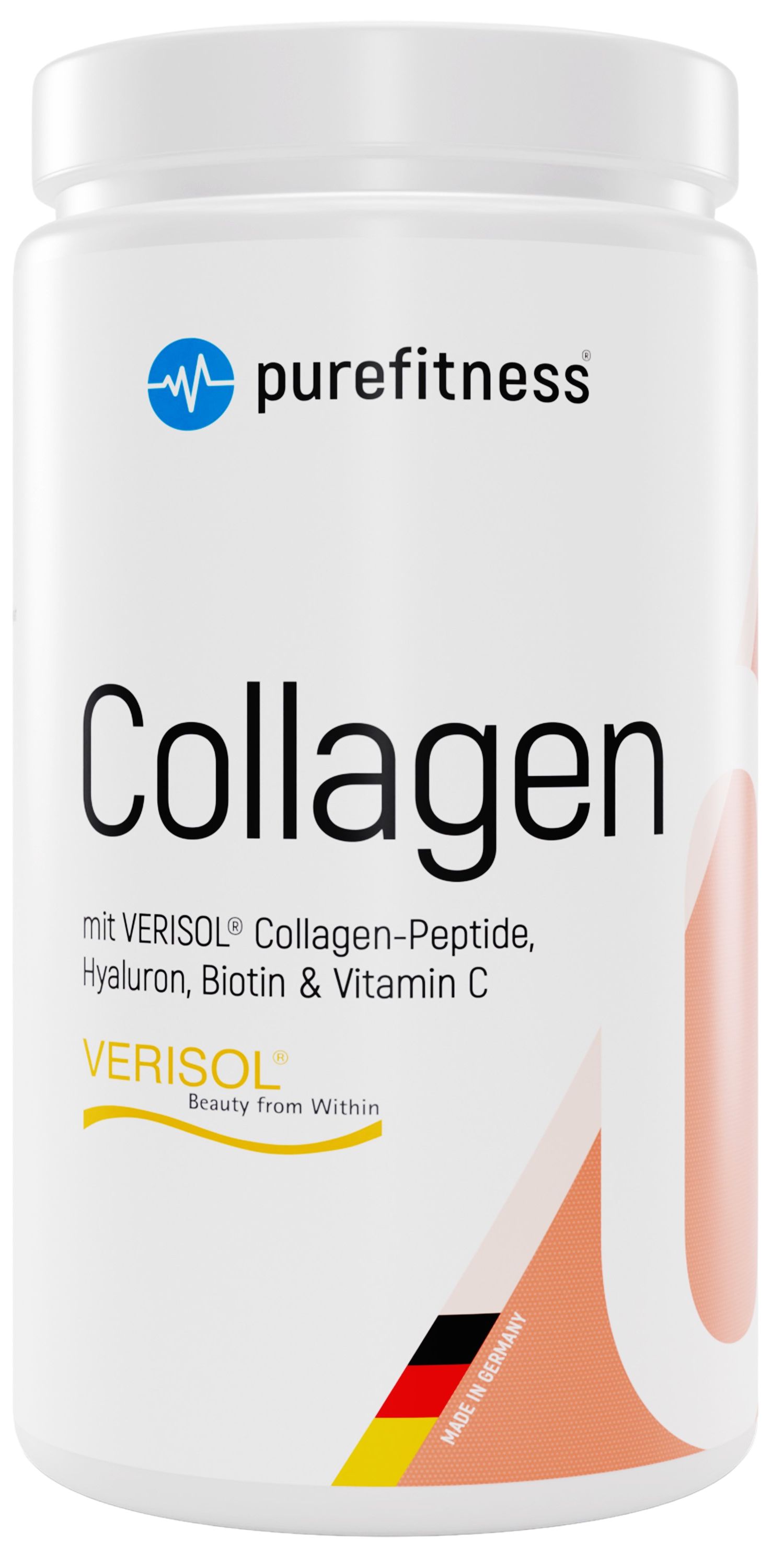 Weiße Dose mit "Collagen"-Schriftzug. Enthält VERISOL Kollagen-Peptide, Hyaluron, Biotin & Vitamin C. Marke: purefitness.