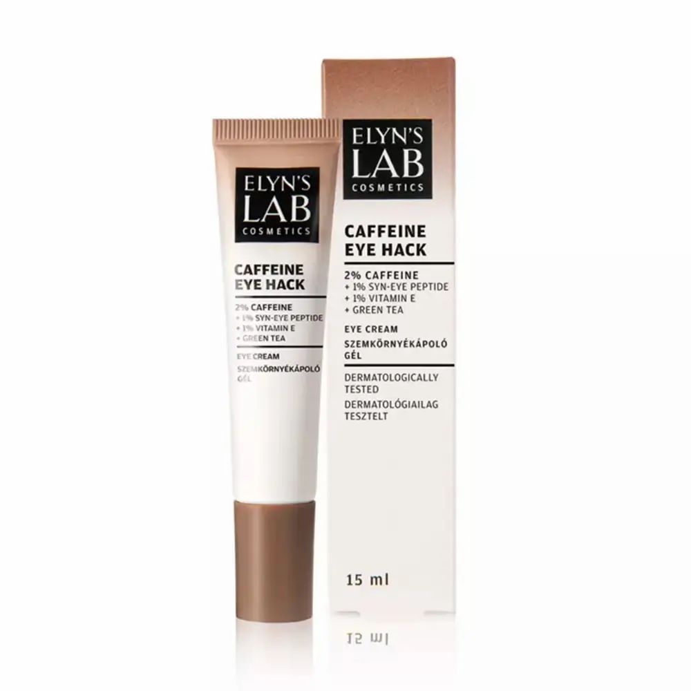 Produkt-Tube und Verpackung. Produktname: ELYN'S LAB Caffeine Eye Hack. Text: 15 ml, dermatologisch getestet.