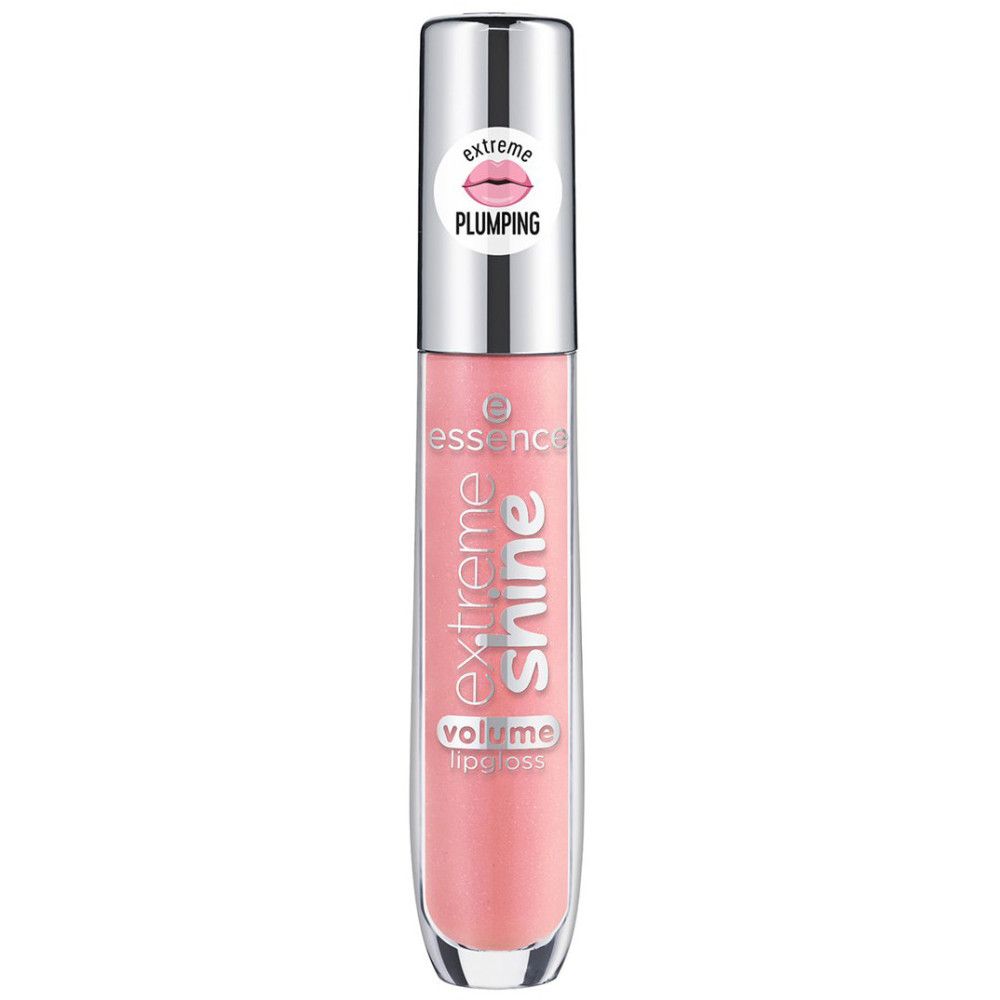Lipgloss-Tube mit silbernem Deckel. Rosa Inhalt, transparente Tube. Aufschrift: Extreme Shine, Volume Lipgloss. Aufkleber: Plumping.