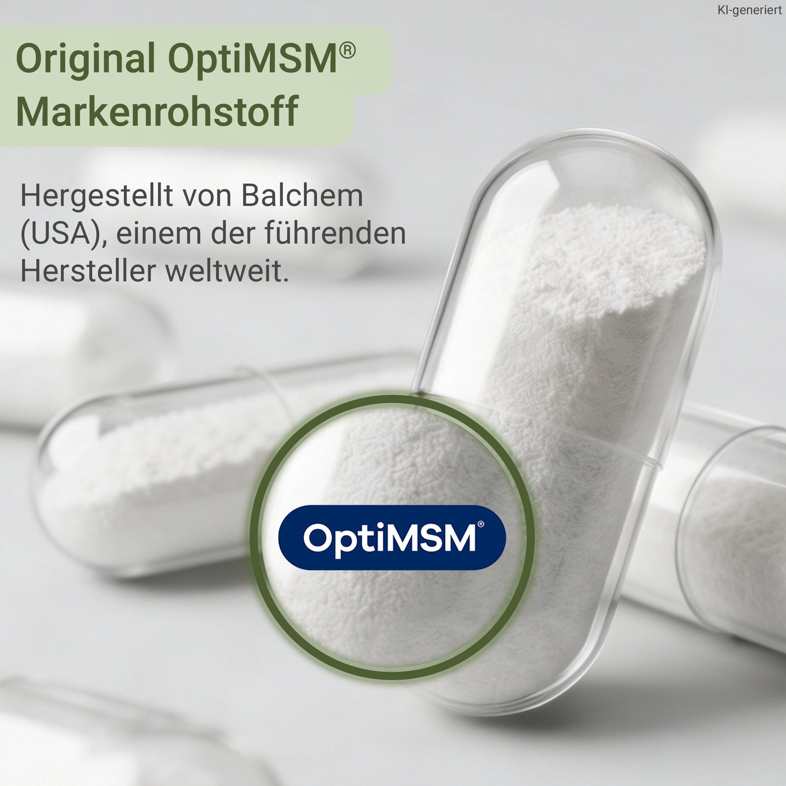 Nahaufnahme einer transparenten Kapsel gefüllt mit weißem Pulver. Im Kreis das Logo "OptiMSM".