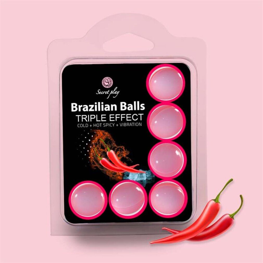 Verpackung mit sechs rosa Kugeln, "Brazilian Balls Triple Effect" Aufschrift und Chilischoten-Grafik.
