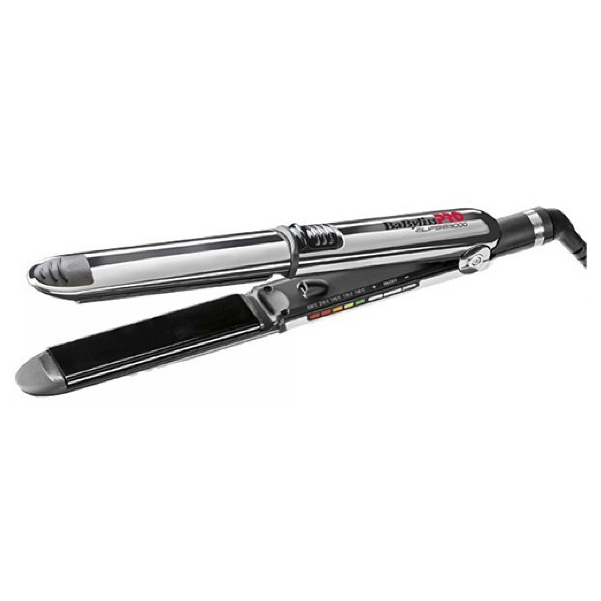 Babyliss Pro Glätteisen mit silbernen und schwarzen Elementen, Temperaturanzeige.
