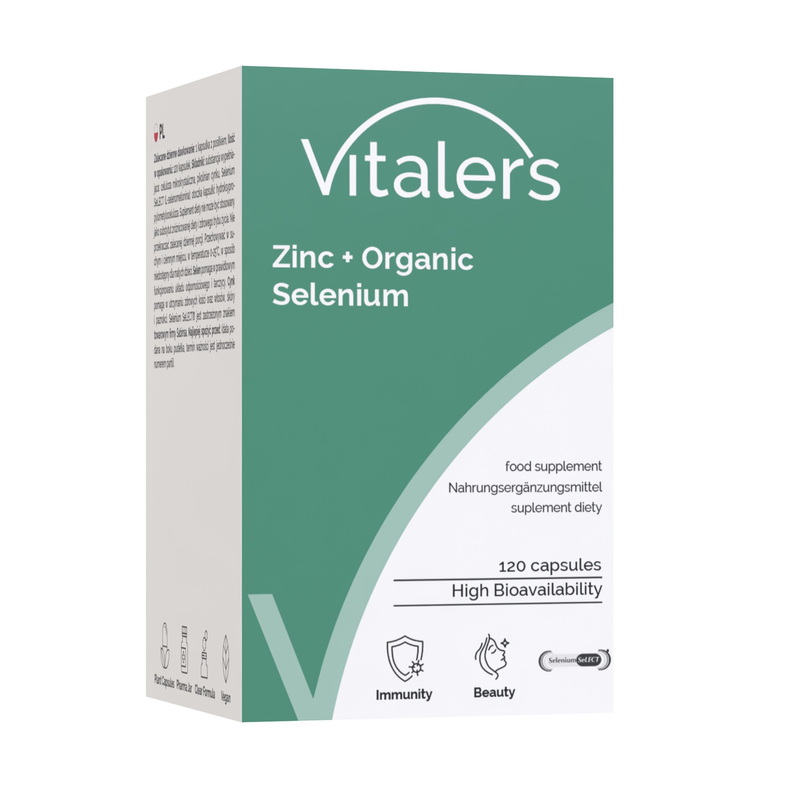 Kartonverpackung von Vitaler's Zink + Organisches Selen. 120 Kapseln, hohe Bioverfügbarkeit, Immununterstützung, Schönheit.