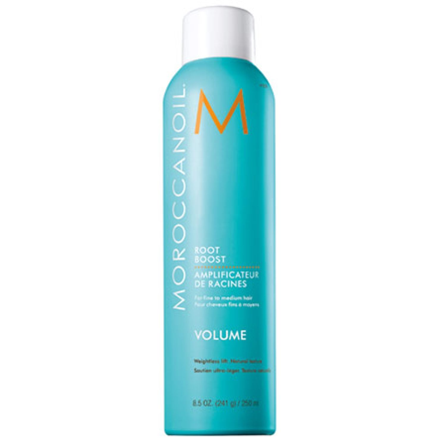 Türkisblaue Sprühflasche mit weißem Deckel. Aufschrift: Moroccanoil, Root Boost, Amplificateur de racines, Volume. Orangefarbenes M-Logo.