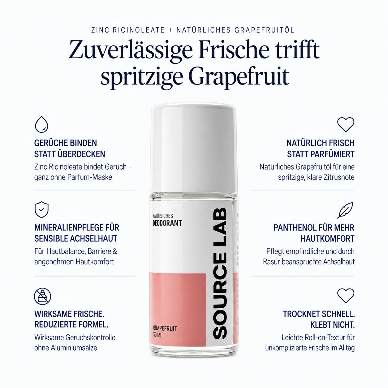 SOURCE LAB Deo Roll-on Grapefruit: Zuverlässige Frische trifft spritzige Grapefruit. Mit Mineralienpflege und ohne Aluminiumsalze.