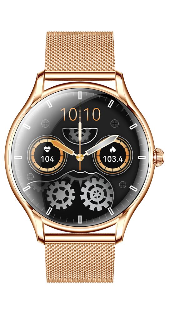 Goldfarbene Smartwatch mit schwarzem Zifferblatt. Zeigt Uhrzeit, Herzfrequenz und Kalorienverbrauch an. Mesh-Armband.