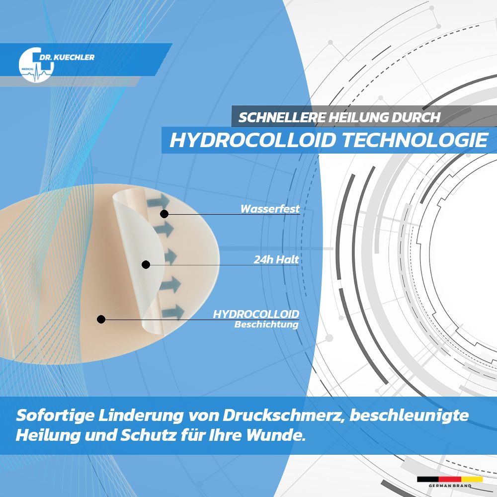Detailansicht der Hydrokolloid-Technologie eines Blasenpflasters. Wasserfest, 24h Halt.